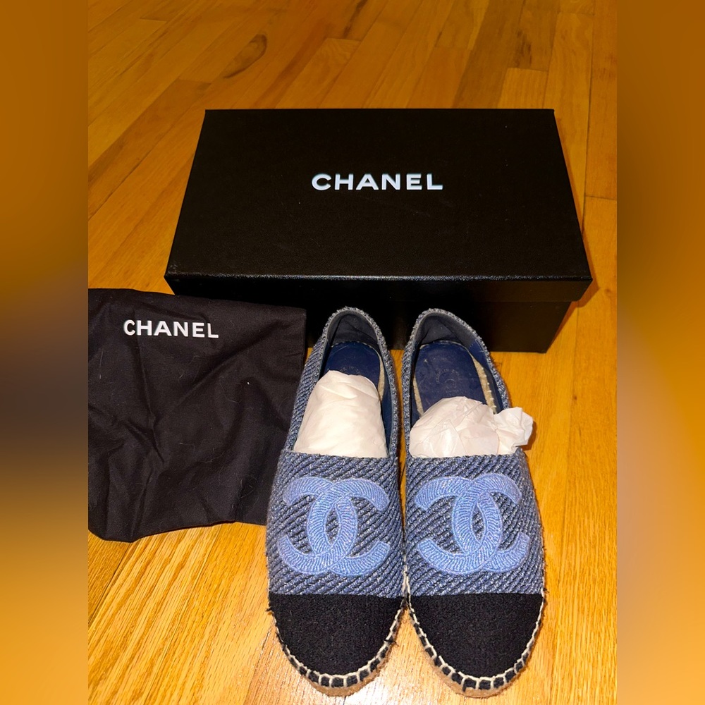 Authentic Chanel Espadrilles- Blue Ecru